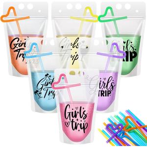 Seematn 24 Sets Girls Trip Drink Pouch Bags with Straws, Girls Weekend Getaway Drink Holders Reusable Travel Juice Bag for Sister Auntie Friends Besties Vacation