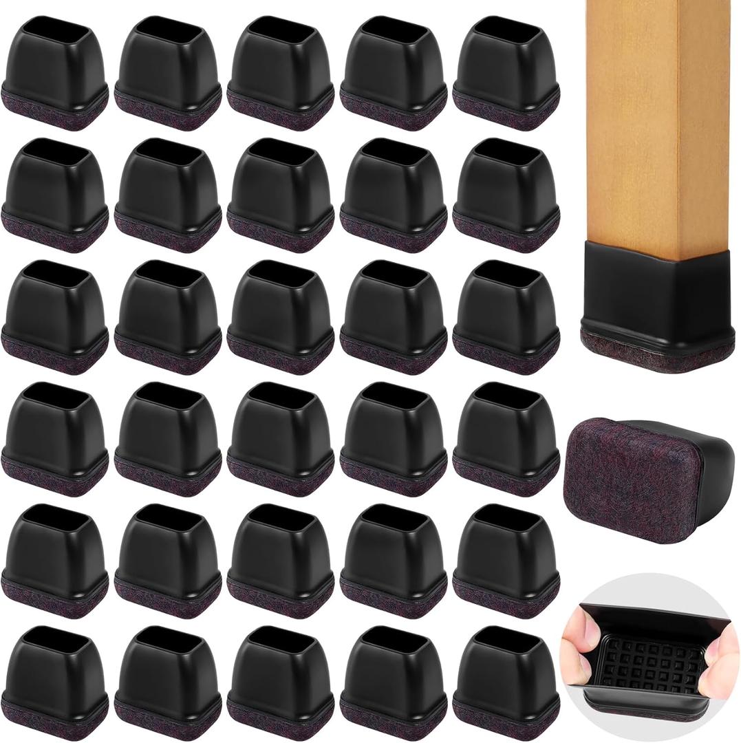 Small Rectangle Silicone Chair Leg Caps with Felt Pads, 32PCS Rectangular Chair Leg Floor Protectors for Hardwood Floors, Chair Leg Covers to Protect Floors(Black,Fit Length 0.9"-1.3" Width 0.6"-0.8")