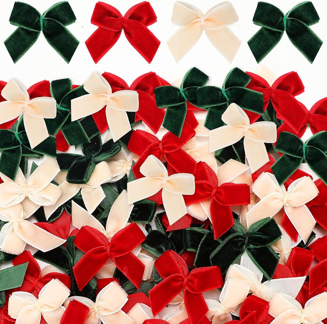 Waydress 120 Pcs 1 Inch Tiny Mini Christmas Velvet Bows for Crafts Xmas Twist Tie Bows Ribbon Bowknot Christmas DIY Craft Sewing Scrapbooking Gift Wrapping(Red, Green, Cream)