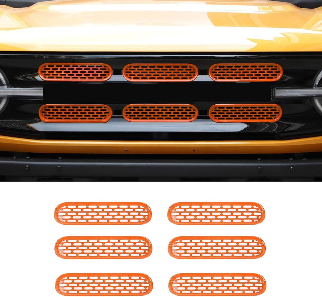 Front Grill Mesh Grille Inserts Cover Frame Trims Kit 6Pcs Fit for Ford Bronco 2021-2024 2/4 Door Exterior Accessories (Orange)
