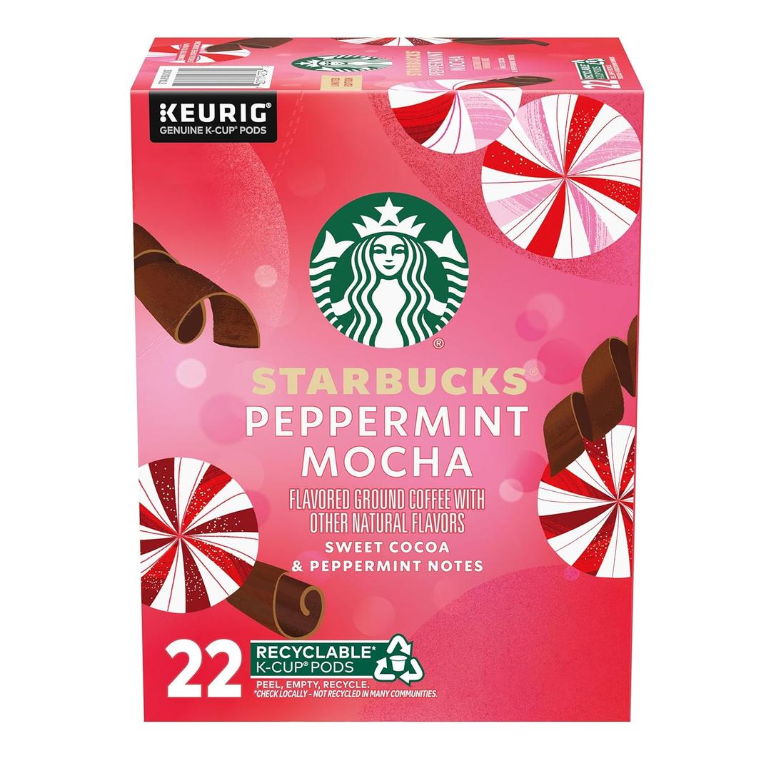 Starbucks K-Cup Coffee Pods, Peppermint Mocha Flavored Coffee for Keurig Brewers, 100% Arabica, 1 Box (22 Pods) (EXP 10/06/26)
