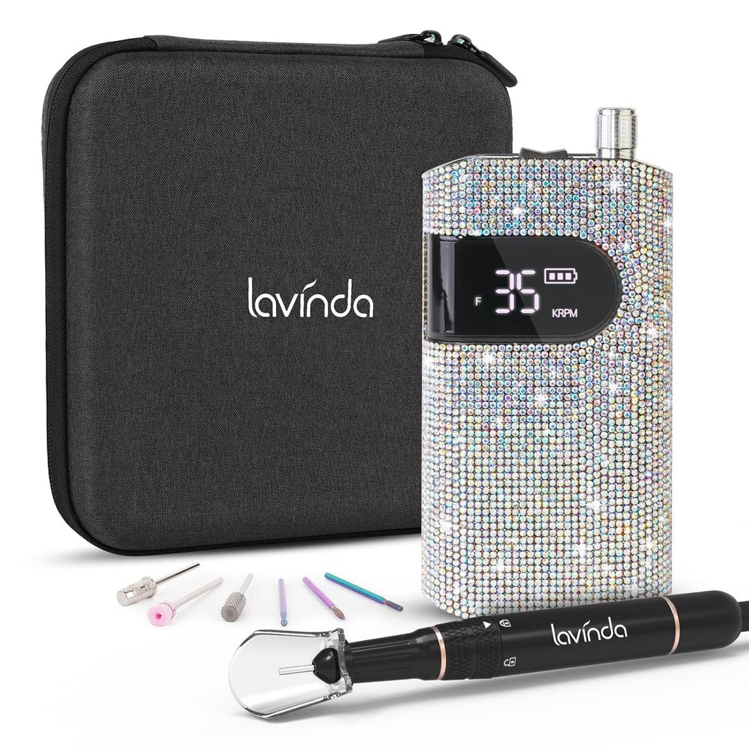 Professional Rechargeable Nail Drill Machine, Lavinda Diamond 35000RPM Electric Nail File Cordless Portable Nail Drill with Coreless Motor for Acrylic Nails, Manicure Pedicure Tool, Crystal Diamond
