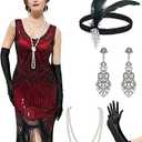 1920s Dresses for Women, Sequin Fringed Gatsby Flapper Cocktail Dresses with 20s Accessories Set, Roaring 20s Costumes XXL