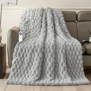 Eastsora Heated Blanket Throw 50" x 60" Soft Ribbed Faux Fur Flannel Fast Heating 12 Heat Levels 112H Timer & Overheat Protection & Auto Shut-Off & ETL FCC & Machine Washable Heated Throw (Gray)