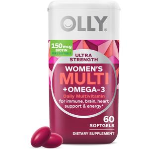 OLLY Ultra Women's Multi Softgels, Overall Health and Immune Support, Omega-3s, Iron, Vitamins A, D, C, E, B12, Daily Multivitamin, 30 Day Supply - 60 Count, EXP 06/26