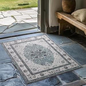 EVERGRACE Faux Wool Area Rugs 2'x 3' Boho Medallion Rugs for Living Room Indoor Outdoor Rugs for Bedroom Dining Room Entryway Kitchen Low Pile Washable Floor Mat Carpet, Steel Gray 2 PACK