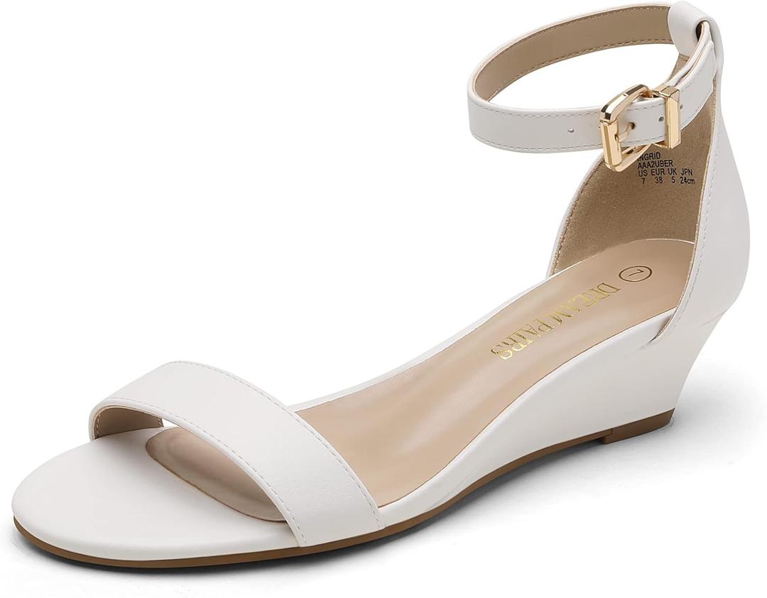 DREAM PAIRS Women's Ingrid Ankle Strap Low Wedge Sandal (5, White/Pu-2)
