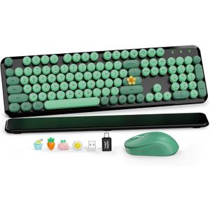 Wireless Keyboard and Mouse Combo, Round Keycaps, Full-Size Retro Typewriter Keyboard with Magnetic Wrist Rest, Tilt Legs, 2.4GHz Cordless for Mac, Windows PC, Laptop, SABLUTE CK23, Black & Green