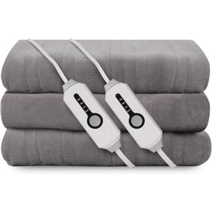 Electric Heated Blanket 84"x90" Queen Size, Soft Coral Fleece, Dual Controllers with 4 Heating Levels and 10 Hours Auto-Off, Machine Washable, Cozy Plush Fabric for Home, Light Grey