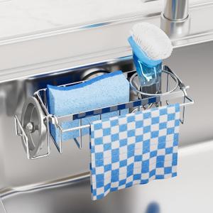 TAILI 4-in-1 Sink Caddy with Strong Suction Cup, Sponge Holder for Kitchen Sink Organizer, Removable, Rustproof, Stainless Steel Holder for Sponge, Brush, Scrubber, Scraper - Silver