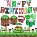 183Pcs Pixel Birthday Party Decorations, Pixel Game Theme Party Supplies Kit, Including Banner, Tablecloth, Plates, Napkins, Cups, Forks, Cake Toppers, Drinking Straws, Serves 24 Guests