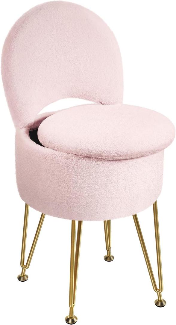 GREENSTELL Vanity Stool Chair with Storage and Folding Back, 15.7" x 15.7" x 19.5" Faux Fur Soft Ottoman for Adults, 4 Metal Legs with Anti-Slip Feet, Furry Padded Seat for Makeup, Bedroom, Pink