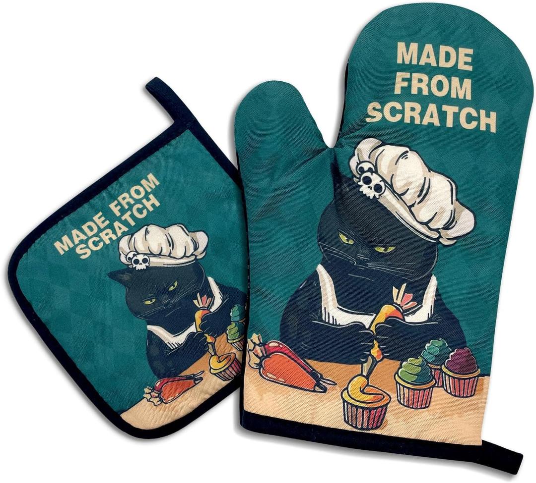 Made from Scratch, Funny Oven Mitts and Pot Holders, Silicone Non-Slip Oven Mitts, Cat Lover Gift, Cat Mom, Cooking Baking BBQ Gifts