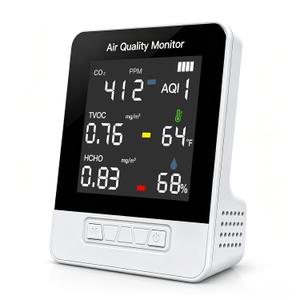 6-in-1 Air Quality Monitor, Smart Indoor CO2 Detector & HCHO TVOC AQI Tester, Accurate Temperature Humidity Meter with Color Display for Home, Bedroom, Office, Car, USB Powered (Not Battery Operated)