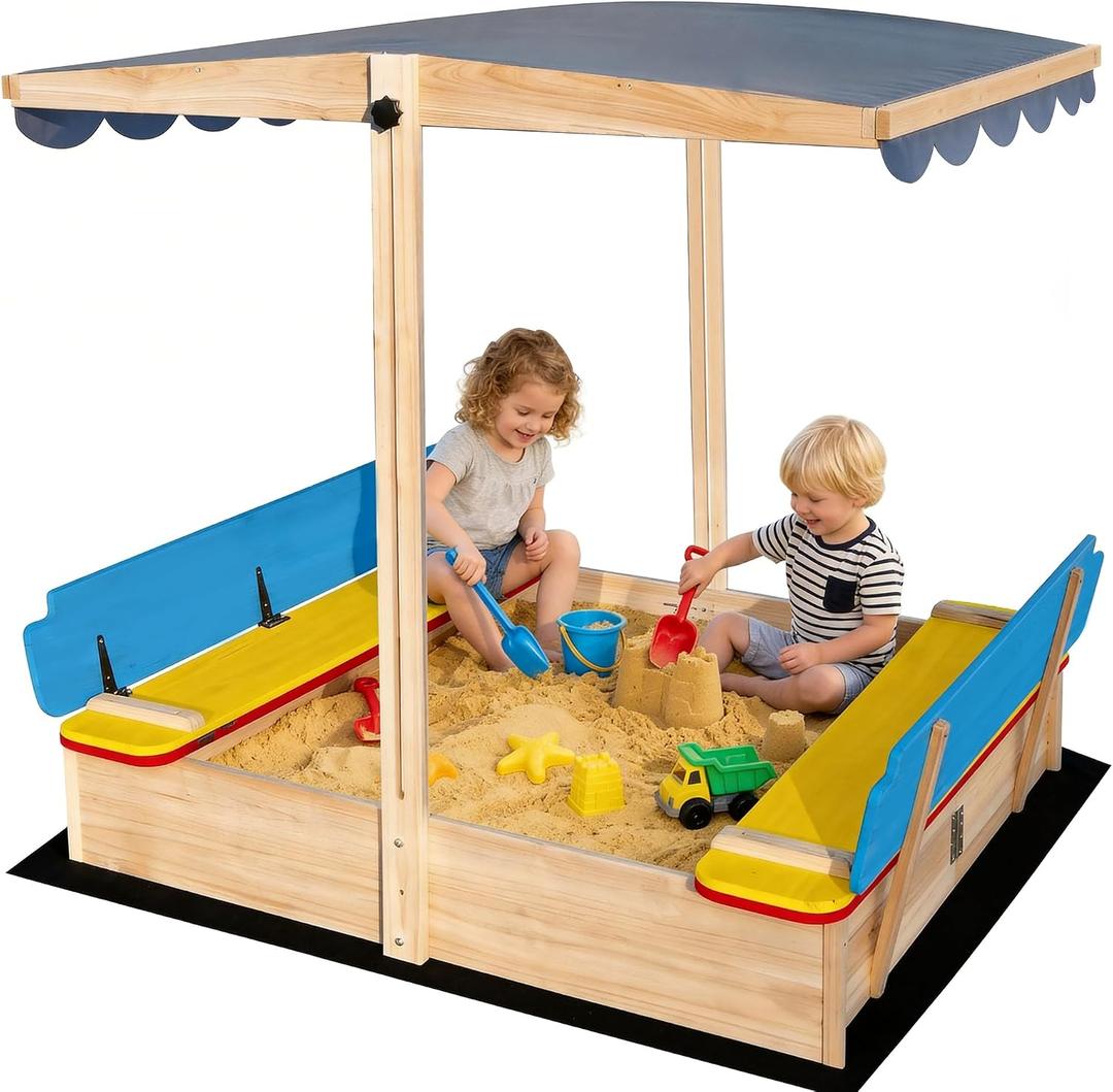 Wooden Sandbox with Cover Lid Adjustable Canopy Foldable Bench Seat Bottom Liner Large Sand Pit Aged 3-12 Outdoor 48x48 Inch Sand Box for Patio Garden Backyard Multicoloured