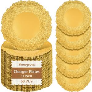 Showgeous Round Charger Plates 50 Pack 13” Gold Plastic Reef Rim