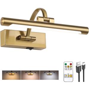 Tassuowell Rechargeable Picture Light with Remote Control,12 Inch Brass Finish Adjustable Wireless Art Lighting Fixture, Painting Lights with Timer,3 Color Temperature and Dimmable