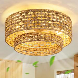 Boho Caged Ceiling Fan with Lights Flush Mount, Handwoven Layered Rattan Fandelier ceiling fan with Remote Control, Reversible 6-Speed Enclosed Ceiling Fan Light for Bedroom, Living Room, Nursery, E26, 17.7inch