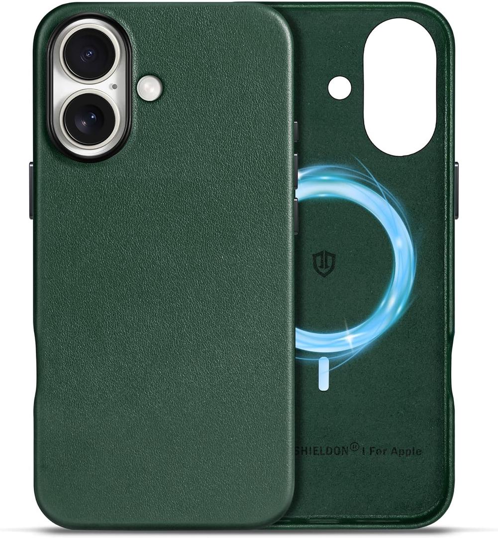 SHIELDON Case for iPhone 16 6.1", Compatible with MagSafe, Genuine Leather Magnetic Wireless Charging Non-Slip Shockproof Protective Cover with Metal Buttons & Camera Bump Frame - Midnight Green