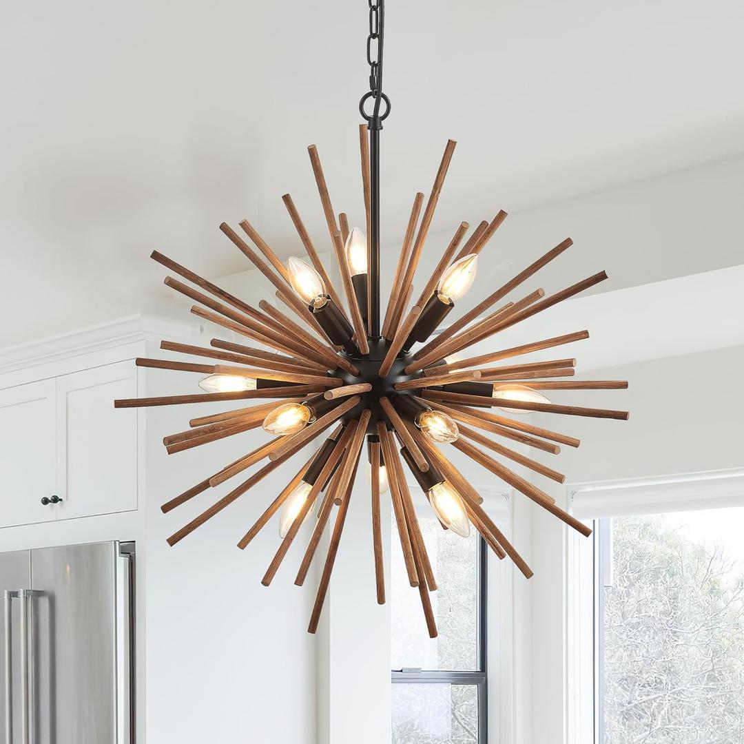 23.6" Farmhouse Sputnik Chandelier for Dining Room Rustic Handmade Natural Wood 12-Light Hanging Ceiling Pendant Light Fixture Starburst Wood Chandeliers for Kitchen Bedroom Foyer Hallway