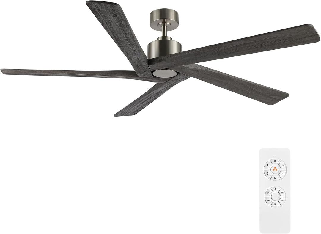 WINGBO 54 Inch DC Ceiling Fan without Lights, 5 Reversible Carved Solid Wood Blades, 6-Speed Noiseless DC Motor, Ceiling Fan No Light with Remote, Brushed Nickel Finish with Gray Blades, ETL Listed