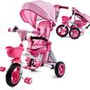 JMMD Baby Tricycle, 7-in-1 Folding Kids Trike with Adjustable Parent Handle, Safety Harness & Wheel Brakes, Removable Canopy, Storage, Stroller Bike Gift for Toddlers 18 Months - 5 Years(Pink)