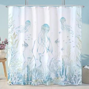 Nautical Sea Jellyfish Shower Curtain, Teal Summer Ocean Life Beach Cool Shower Curtain Bathroom Decor 72 72 inch
