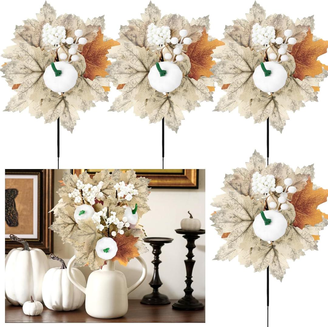 Janinka 4 Pcs Thanksgiving Day Picks Fall Pumpkin Flowers Artificial for Decoration Vintage Vase Filler 14" Faux Pumpkin Maple Leaves Berries for Dining Tables Vase Center Farmhouse Autumn Decor