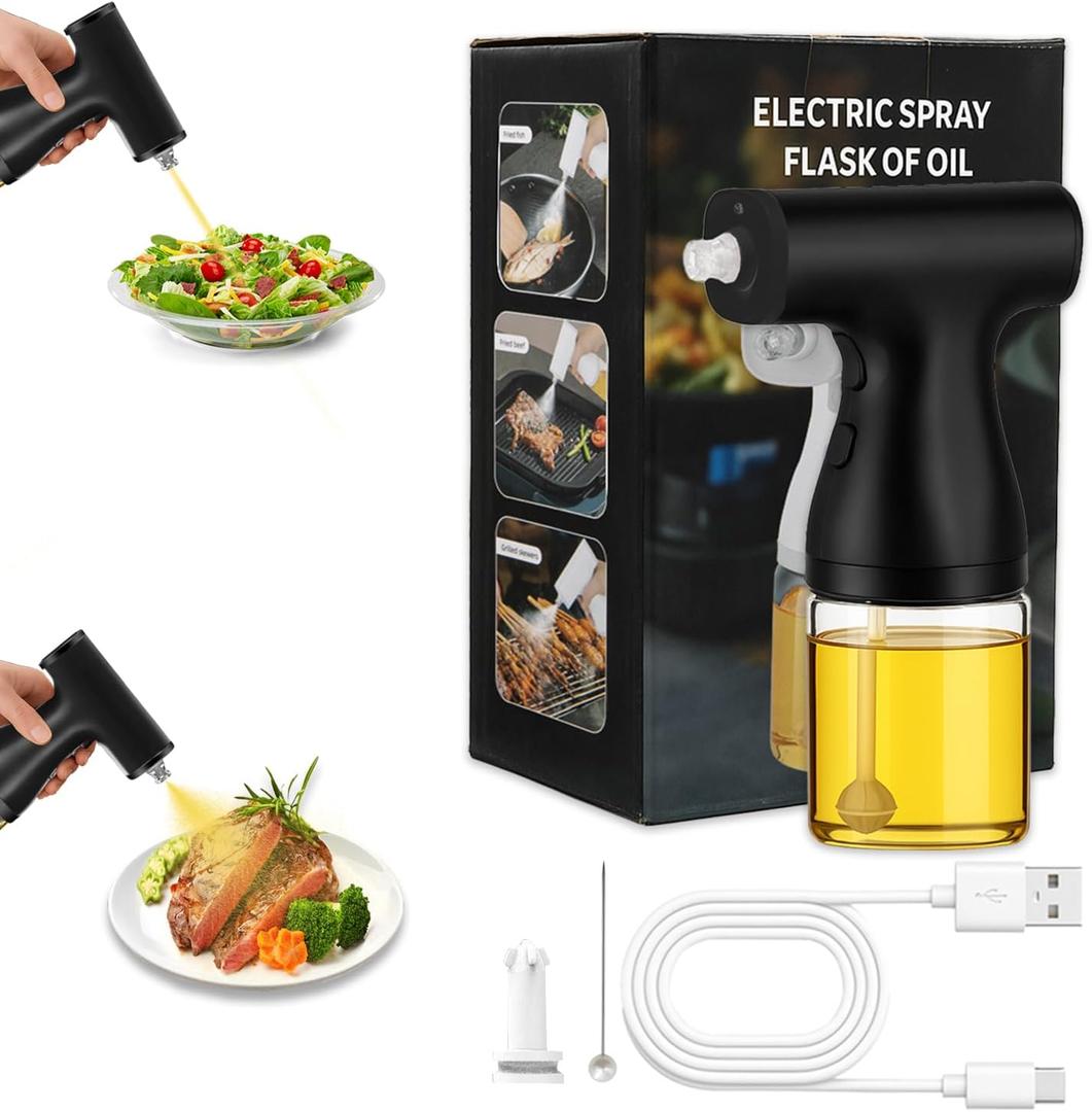 Electric Oil Sprayer with 2 Nozzles + Cleaner - 9 oz Portable Glass Olive Oil Spray Bottle for Healthy Cooking, TYPE-C Recharge & Leak Proof Design, Air Fryer, Baking, Gifts & Calorie Control, Black