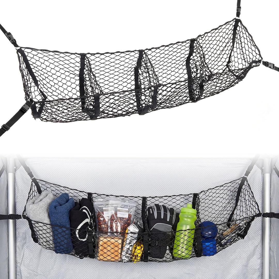 Heavy Duty Ice Fishing Tent Cargo Net - Expandable Nylon Storage Organizer with 3 Pockets & Adjustable D-Rings - Black Gear Hammock for Shelter Organization (70 x 15.7 Inch)