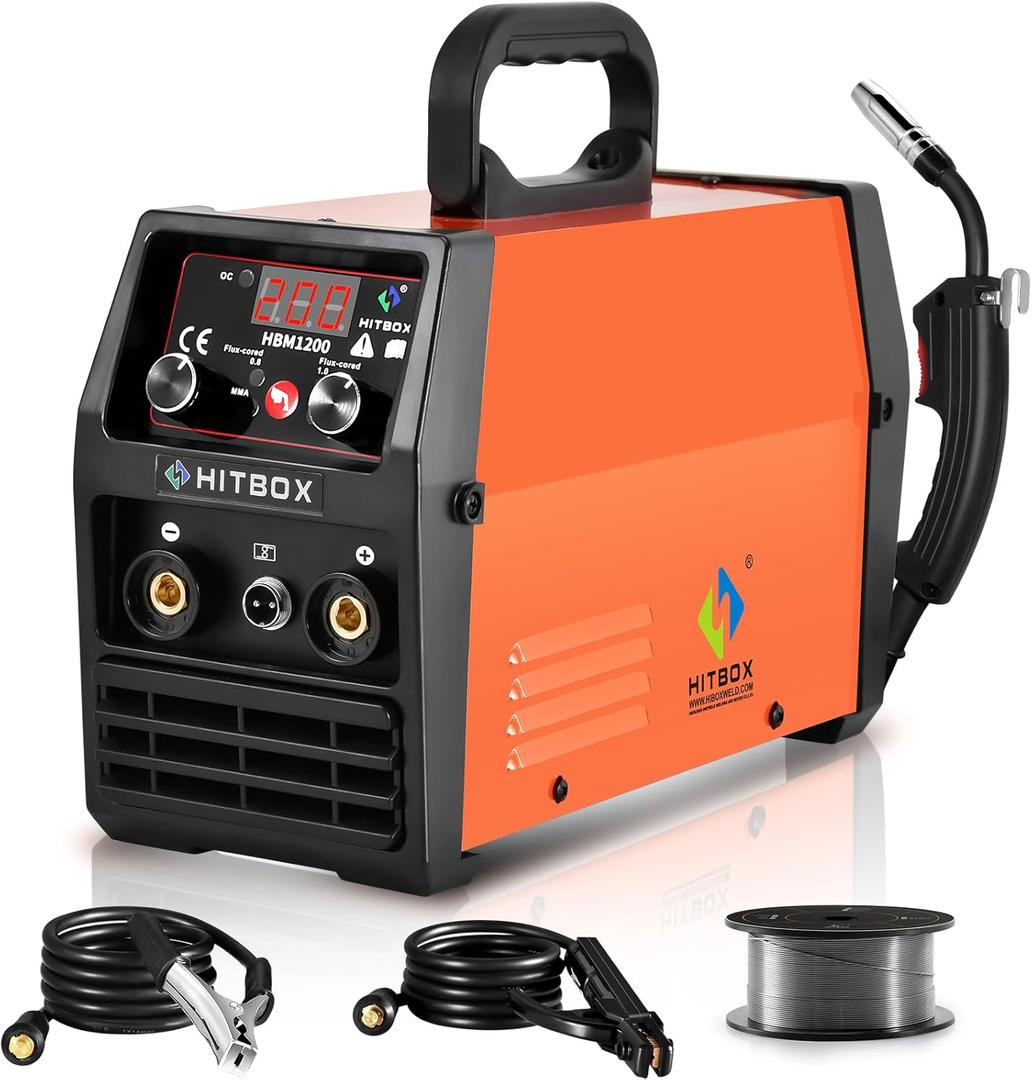 HITBOX 140A MIG Welder Gasless, 110V/220V Dual Voltage Flux Core Welder Flux MIG/Lift TIG/Stick 3 In 1 Synergy MIG Welding Machine With Torch Clamp and 0.8mm Flux Wire