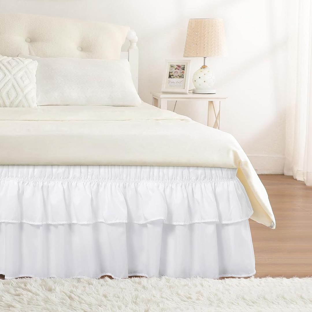 RIMELA Queen Size Ruffle Bed Skirt 14 Inch Drop - White Double Layered Wrap Around Dust Ruffle, Romantic Cute Design Bedskirt with High-Density Fabric, Soft Stretchy, Easy Install for Queen Bed