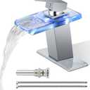 LED Bathroom Sink Faucet, Waterfall Single Handle Vanity Faucets for Sinks 1 Hole with Metal Pop Up Drain and 2 Water Supply Lines, Open Glass Spout by Bath Famoli (Chrome)