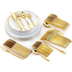 Trendables 120 Piece White And Gold Rimmed Elegant Premium Quality China Like Disposable Wedding Dinner Plates And Cutlery Set Including Forks Knives Spoons and Tea Spoons For 20 Guests