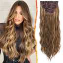 BARSDAR Wavy Clip in Hair Extensions - 20 Inch Highlight Clip in Hair Extensions for Women - 5PCs Thick Soft Synthetic Hairpieces Daily Party Halloween - Brown & Caramel Blonde