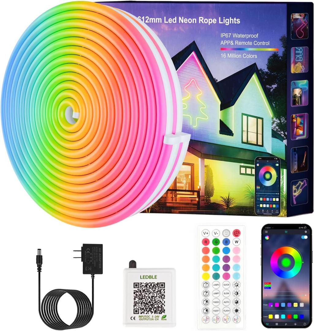 Neon Rope Lights,65.6FT RGB LED Strip Lights, App Control, IR Remote, Music Syncing, Outdoor IP67 Waterproof, Flexible Strip Cuttable for Bedroom, Gaming, Party(2 Rolls of 32.8FT)