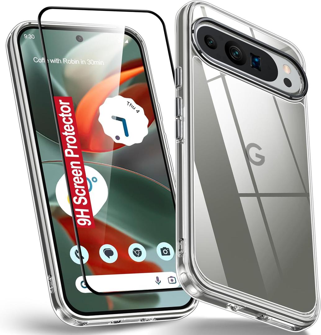 3 x Oterkin for Google Pixel 9 Pro XL Case Clear, [20X Anti-Yellowing] Transparent Shockproof Pixel 9 Pro XL Phone Case with [Tempered Glass Screen Protector][Built-in 4 Airbags][10FT Military] (Black)