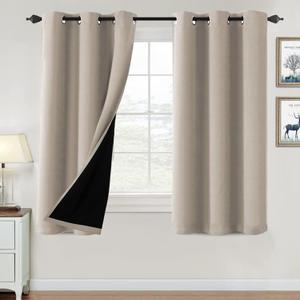 H.VERSAILTEX 100% Blackout Curtains for Bedroom Thermal Insulated Blackout Curtains 63 inch Length Heat and Full Light Blocking Curtains for Living Room with Black Liner 2 Panels Set, Natural Sand