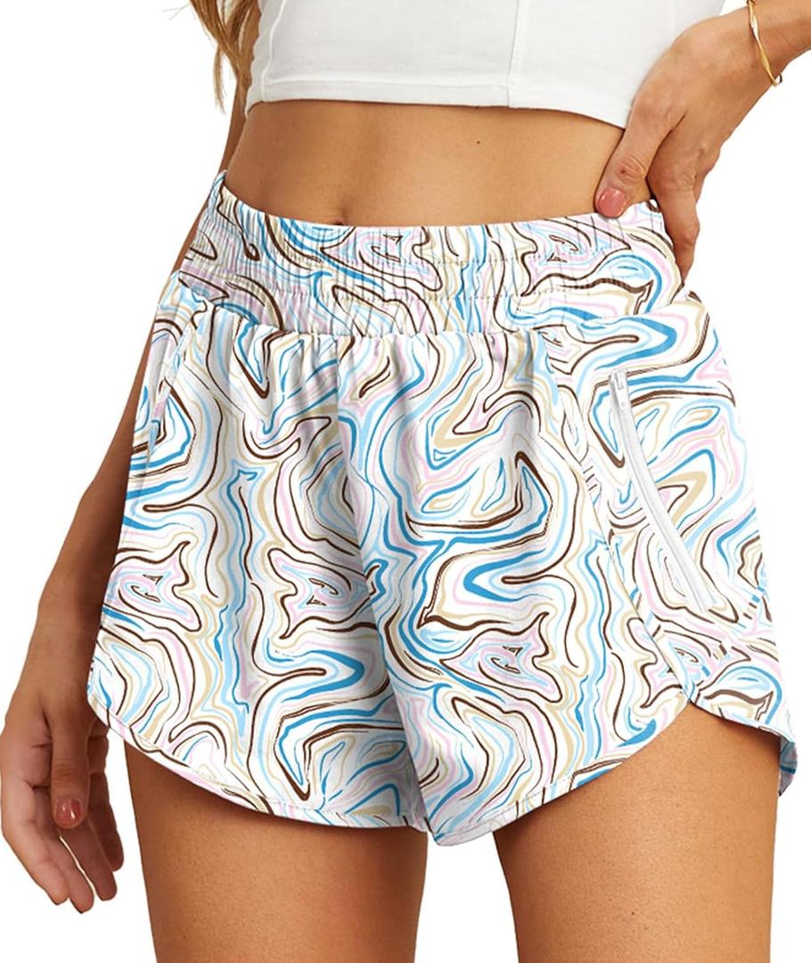 PrinStory Women's Running Shorts Summer High Waisted Quick Dry Athletic Work Out Gym Zipper Pocket Shorts with Liner (S)