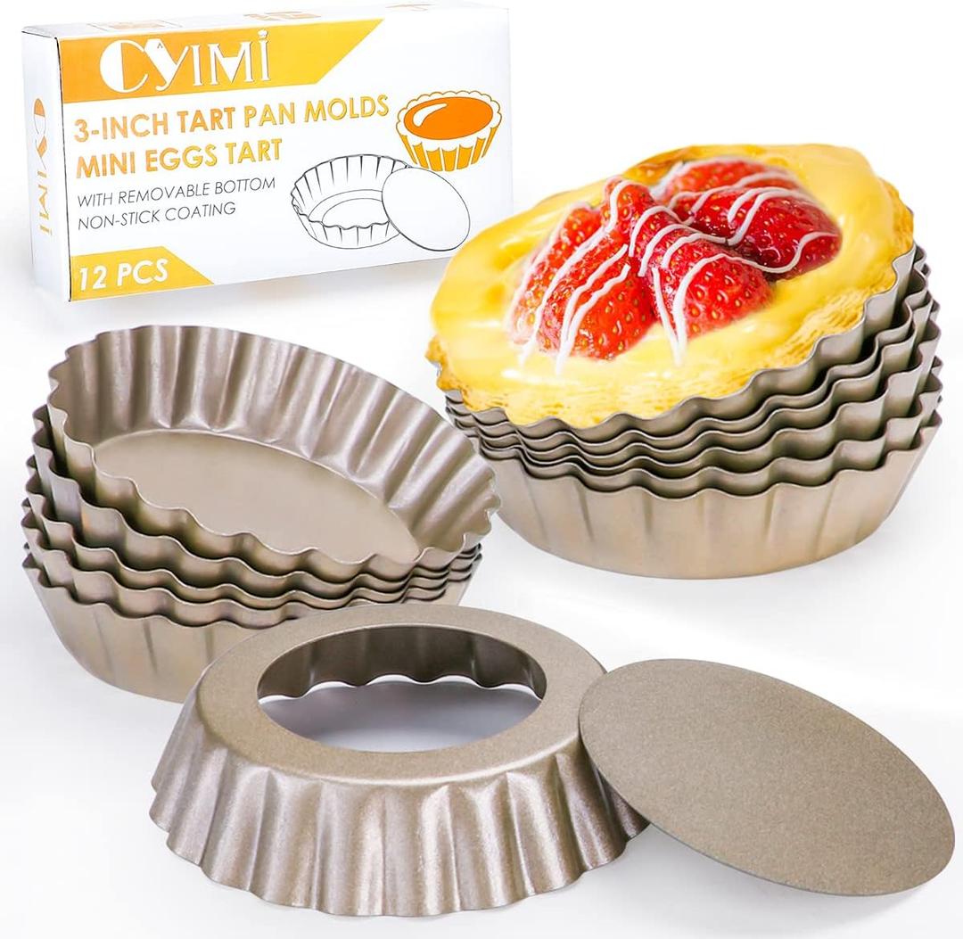 12 pcs Egg Tart Molds, 3" Mini Tart Pans Removable Bottom,Cupcake Cake Muffin Mold Tin Pan Baking, Mini Non-Stick Pan Reusable Quiche Bakeware Carbon Steel for Pies Cheese Desserts, Gold