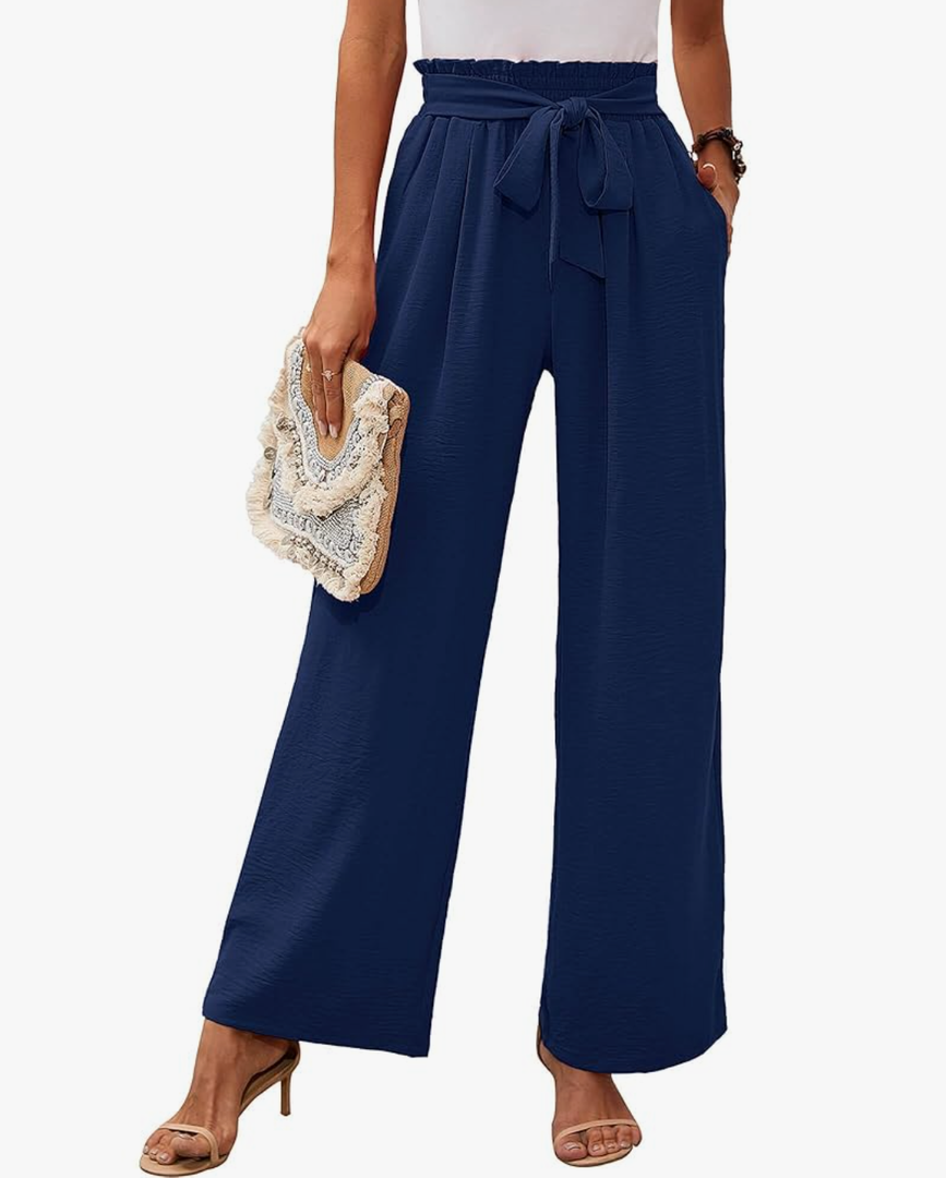 Heymoments Women's Wide Leg Lounge Pants with Pockets Lightweight High Waisted Adjustable Tie Knot Loose Trousers, Size large