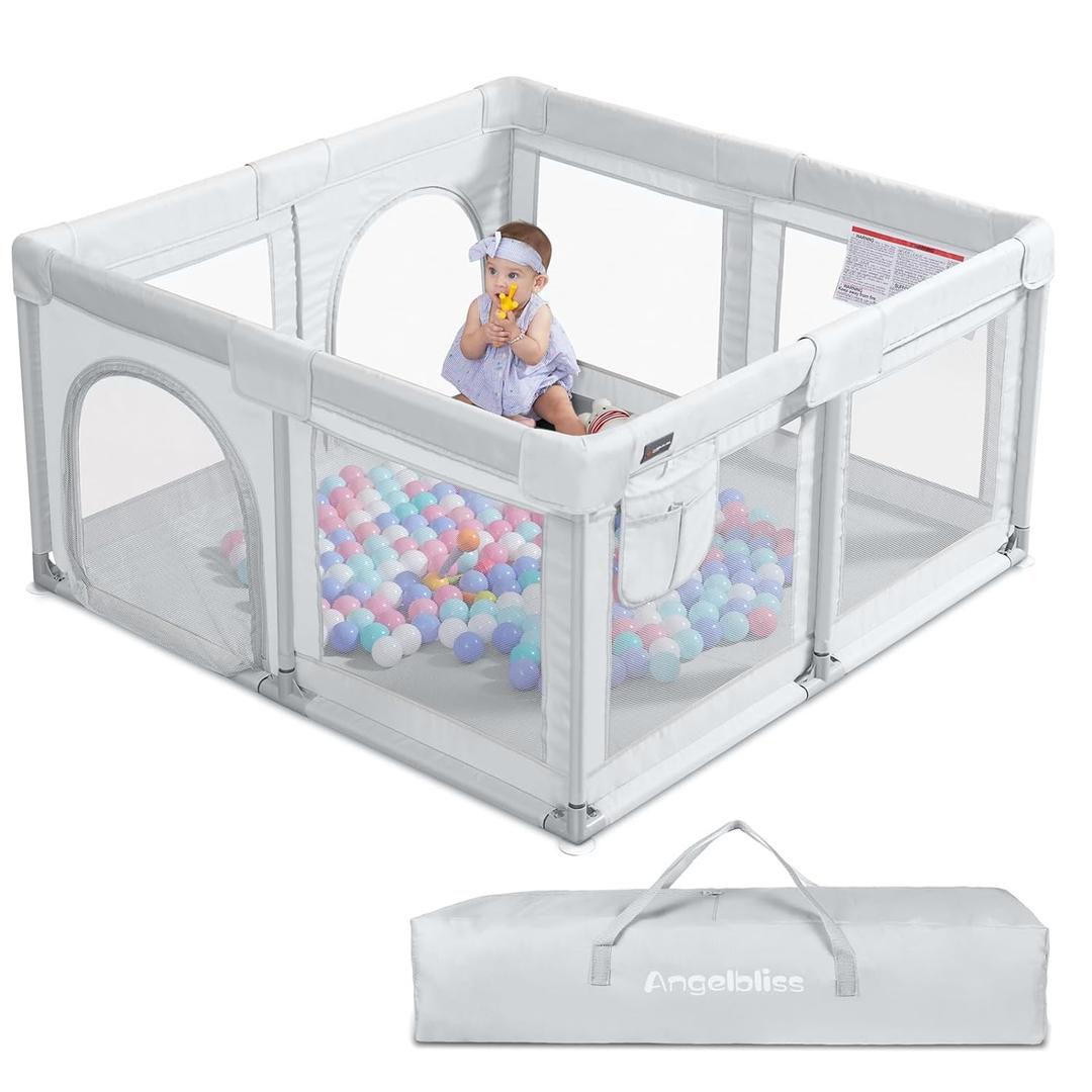 ANGELBLISS Baby Playpen, Large Baby Playard, Indoor & Outdoor Kids Activity Center with Anti-Slip Base, Sturdy Safety Play Yard with Breathable Mesh, Kid's Fence for Infants Toddlers (Grey, 50x50)