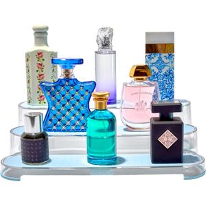 madesmart Shelf Organizer, 3 Tier Bathroom Counter Storage for Perfumes, Makeup, Lotions & Toiletries, Soft-Grip Lining & Non-Slip Base, Blue