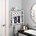 Galood Over The Toilet Storage Bathroom Shelves Wall Mounted 3 Tier Space Saver Corner Shelf Organizer Bamboo Towel Rack Toilet Paper Cabinet with Hanging Rod White, Large