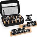 Jumbo Dominos Set for Adults with 4 Wooden Racks/Trays, Double 6 Dominoes Travel Set with Portable Case Double Six Dominoes Set with 4 Tiles Holders, 28 Tiles Dominos Set for Family Board Games