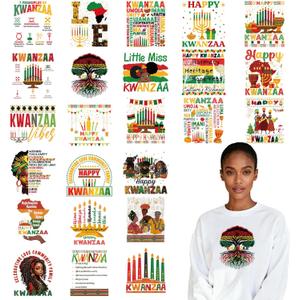 Dtf Transfers Ready to Press - 24 Pcs Kwanzaa Iron on Patches for T-Shirts, African Amercan Iron on Stickers Happy Kwanzaa Heat Transfer Vinyl Decals for DIY Fabric Clothes Decor