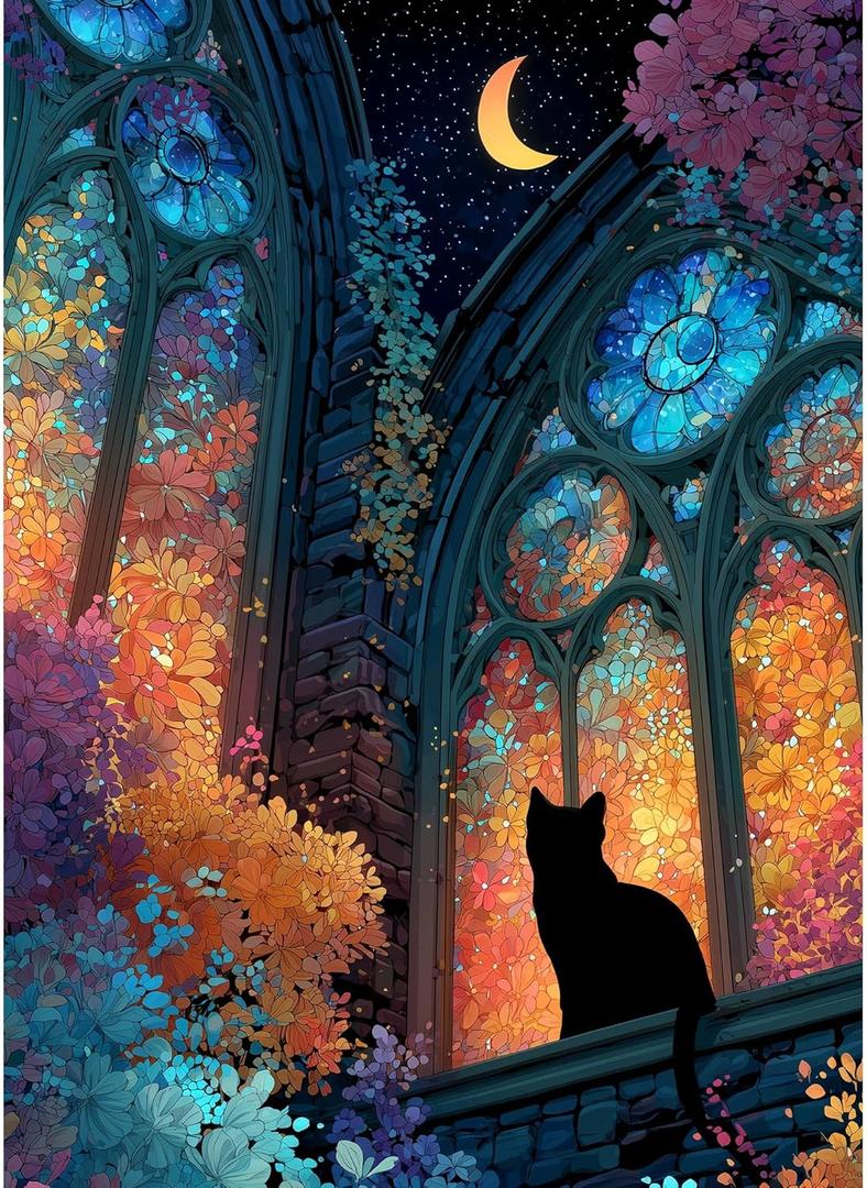 Puzzles for Adults 1000 Pieces, Stained Glass Cat Fantasy Night Moon Scene, Challenging Puzzle Game with Poster, Matte Finish, Interlock Perfectly Frameable Wall Decor Gift