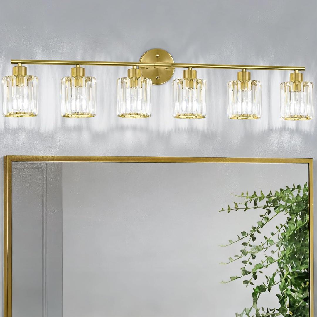 Modern Gold Crystal Bathroom Light Fixtures,6-Light
