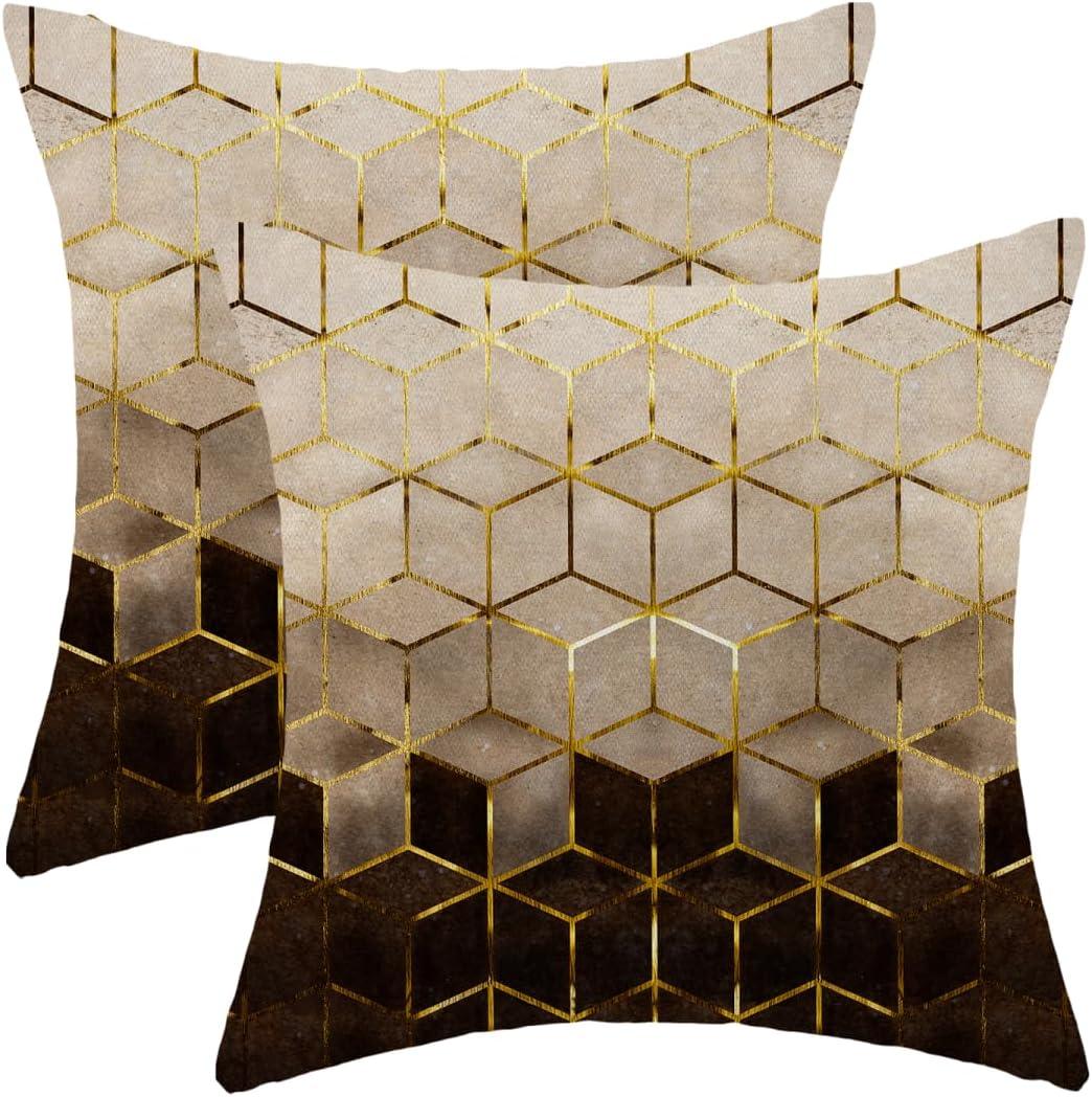 Boho Brown Black Pillow Covers 18 x 18 Inch Set of 2 Abstract Brown Golden Geometric Throw Pillows Outdoor Decorative Modern Art Cubic Pillowcase Linen Cushion Cases for Bed Sofa Couch