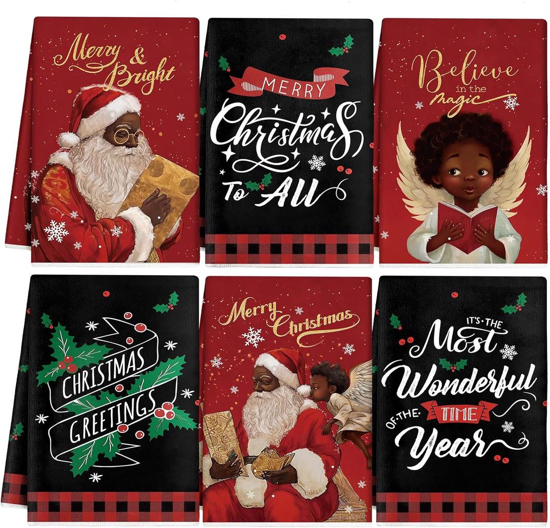 Hosuly 6 Pcs Christmas Kitchen Towels African American Black Santa Dish Clothes Xmas Black and Red Hand Towels Santa Angel Holly Berry Tea Dishclothes Housewarming Gifts for Kitchen Holiday Cooking